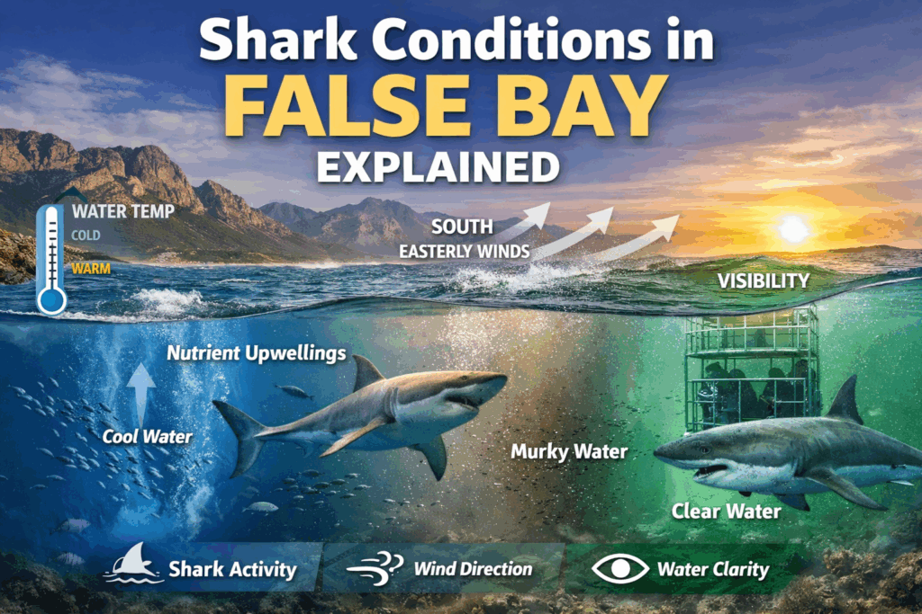 Shark conditions in False Bay showing water temperature, south easterly wind direction and visibility impact on shark cage diving